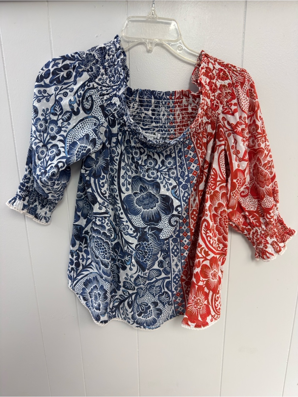 Chico's Jacquard Chinoiserie Blouse, a distinctive split-color piece.